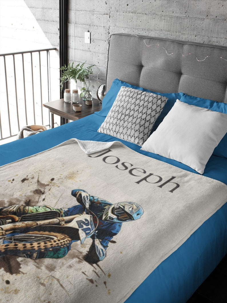 Dirt Bike Blanket Personalized Name Blanket Gift Custom Name Motorcross Blanket Throw Gift for Boys Motorcycle Blanket Gift for Teen