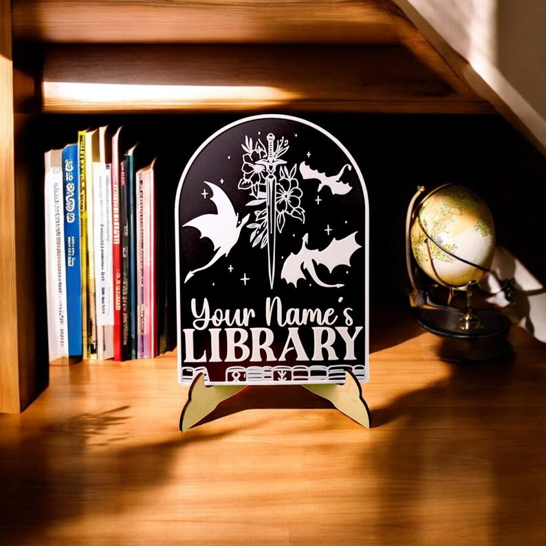 Dragon Personalized Library Sign Custom Book Decor 3D Printed Bookish Bookshelf Sign for Book Nook with Stand, Book Lover Gift, Reader Gift