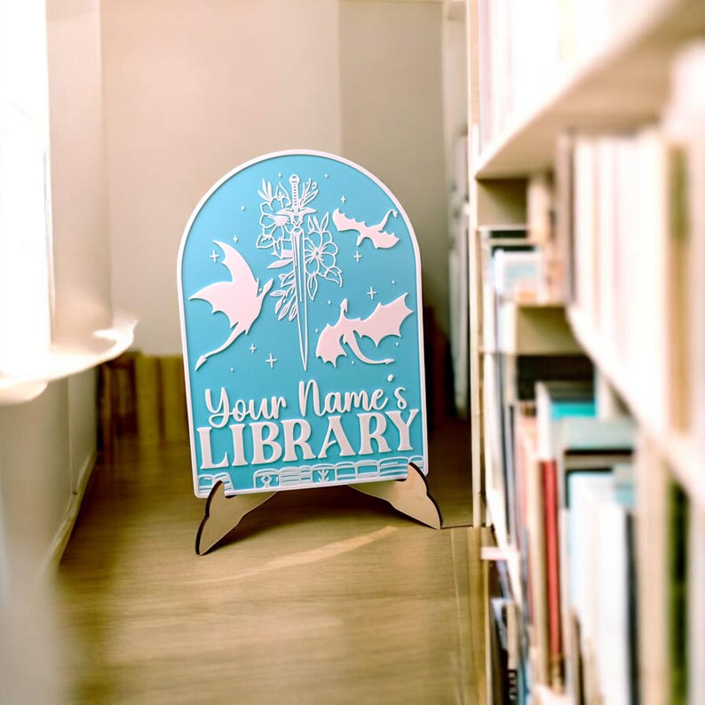 Dragon Personalized Library Sign Custom Book Decor 3D Printed Bookish Bookshelf Sign for Book Nook with Stand, Book Lover Gift, Reader Gift