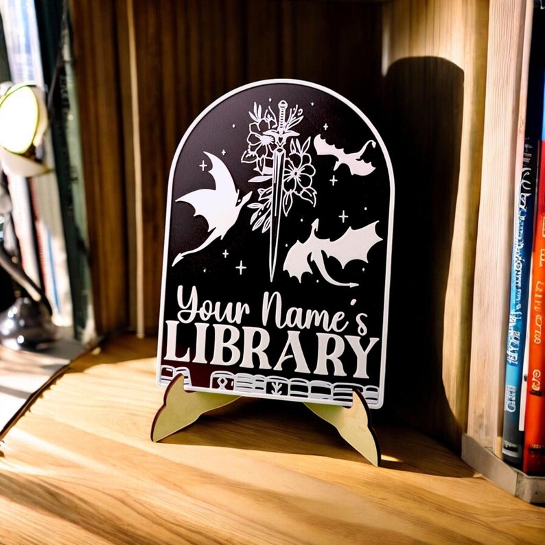 Dragon Personalized Library Sign Custom Book Decor 3D Printed Bookish Bookshelf Sign for Book Nook with Stand, Book Lover Gift, Reader Gift
