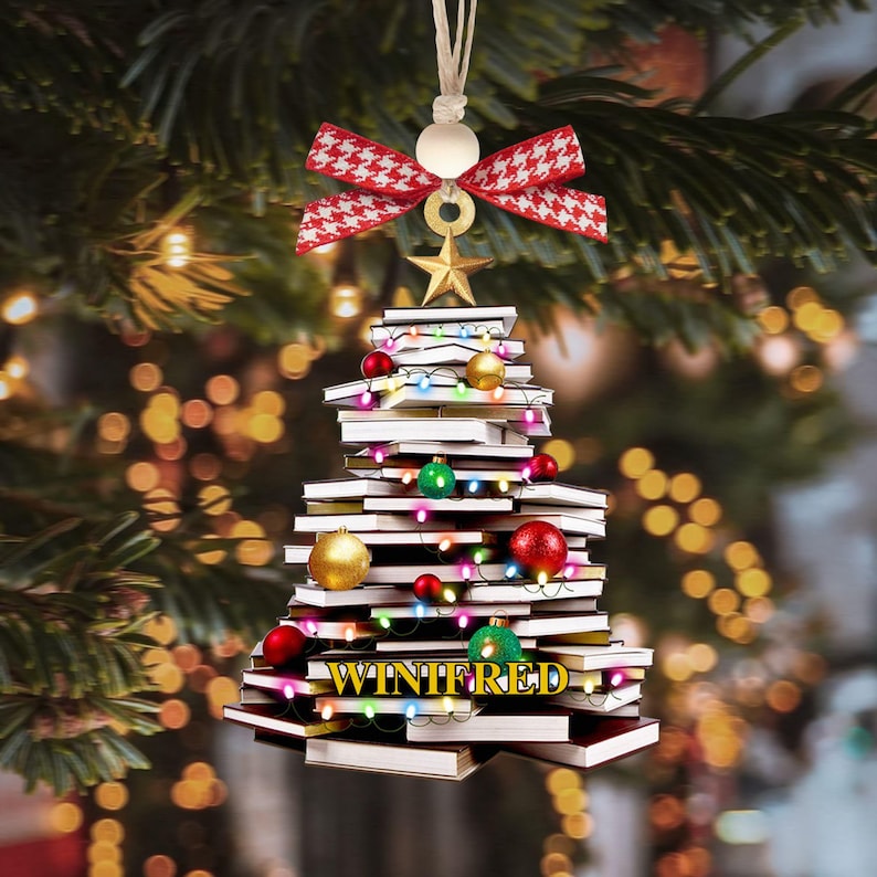 Personalized Christmas Book Tree Name Ornament, Bookworm Gifts, Book Ornament, 2025 Christmas Ornaments-Flat Printed Acrylic Ornament