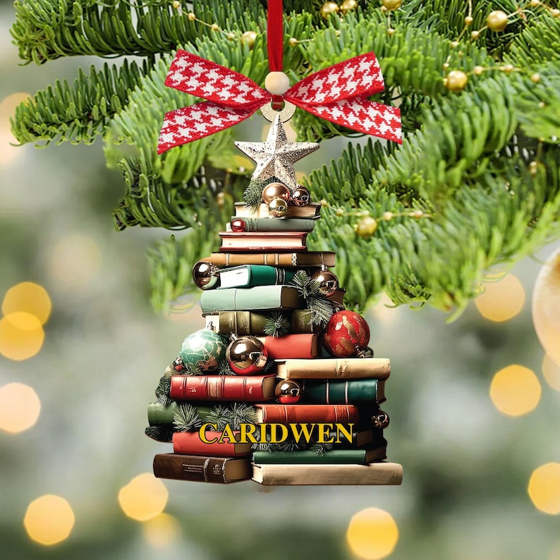 Personalized Christmas Book Tree Name Ornament, Bookworm Gifts, Book Ornament, 2025 Christmas Ornaments-Flat Printed Acrylic Ornament