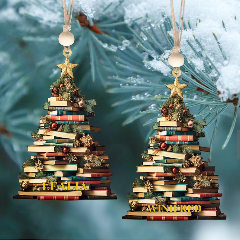 Personalized Christmas Book Tree Name Ornament, Bookworm Gifts, Book Ornament, 2025 Christmas Ornaments-Flat Printed Acrylic Ornament