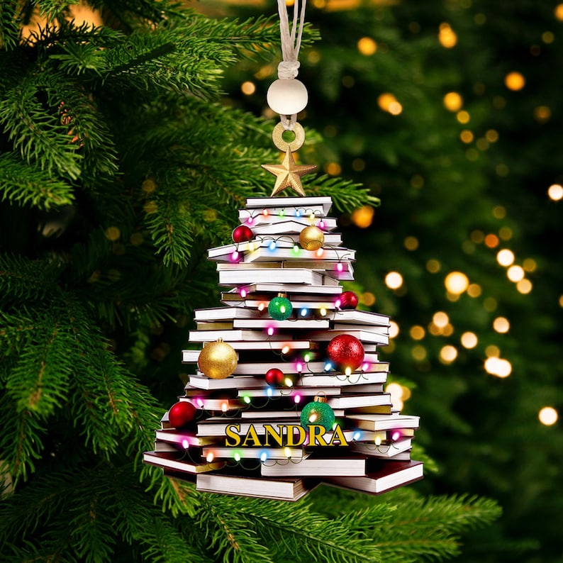 Personalized Christmas Book Tree Name Ornament, Bookworm Gifts, Book Ornament, 2025 Christmas Ornaments-Flat Printed Acrylic Ornament