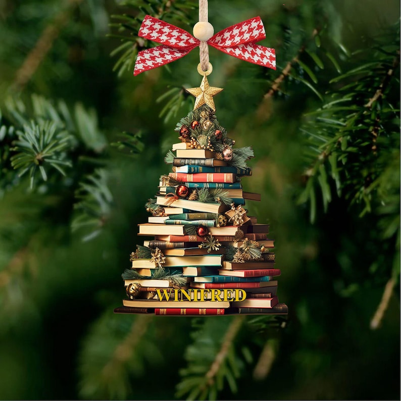 Personalized Christmas Book Tree Name Ornament, Bookworm Gifts, Book Ornament, 2025 Christmas Ornaments-Flat Printed Acrylic Ornament