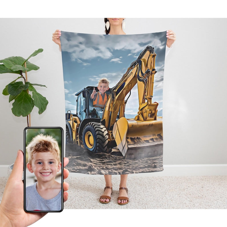 Personalized Kid Backhoe Truck Blanket, Velveteen Plush, Custom Construction Vehicle Gift, Backhoe Birthday, Personalized Blanket for Kids