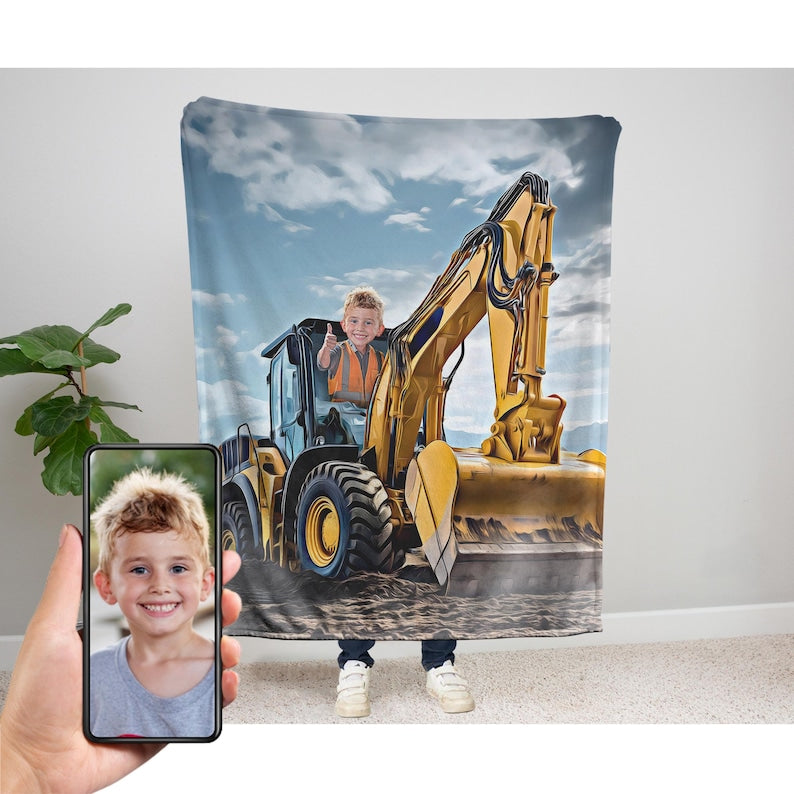 Personalized Kid Backhoe Truck Blanket, Velveteen Plush, Custom Construction Vehicle Gift, Backhoe Birthday, Personalized Blanket for Kids