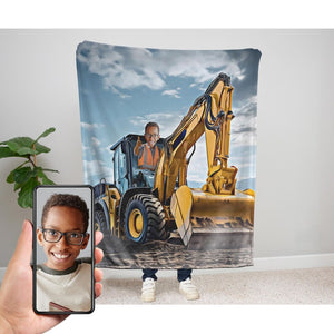 Personalized Kid Backhoe Truck Blanket, Velveteen Plush, Custom Construction Vehicle Gift, Backhoe Birthday, Personalized Blanket for Kids