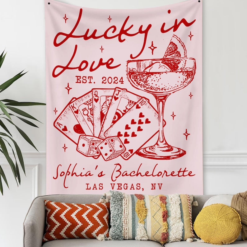 Bachelorette Party Decor, Custom Casino Theme Bachelorette Tapestry, Lucky In Love Banner, Valentine Bach Backdrop, Las Vegas Bach Party