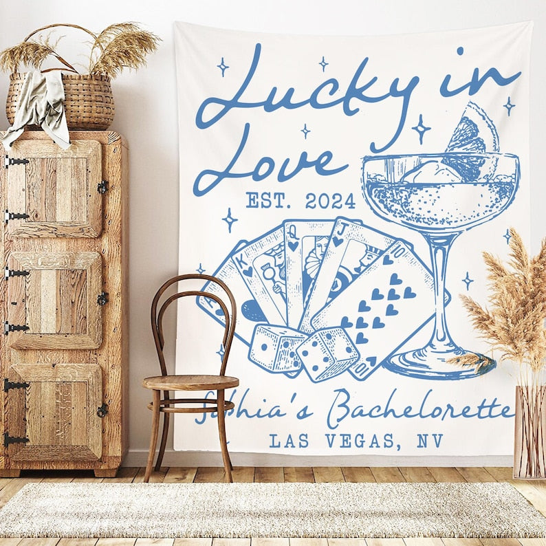 Bachelorette Party Decor, Custom Casino Theme Bachelorette Tapestry, Lucky In Love Banner, Valentine Bach Backdrop, Las Vegas Bach Party