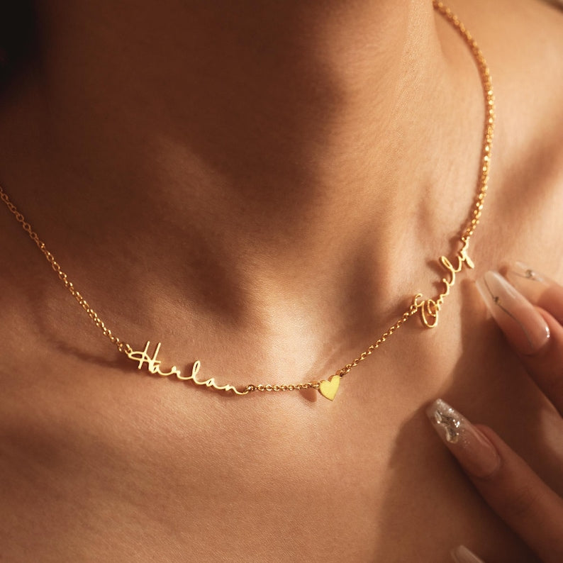 2 Names Necklace with Heart, Personalized Couple Names Necklace, Name Necklace Gift for Mom, Two Name Necklace, Gift for Wife, Mom of Two