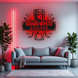 Custom Garage Name Metal Wall Art With LED Light, Personalized Workshop Name Sign Decoration For Room, Car Mechanic Repair Metal LED Decor