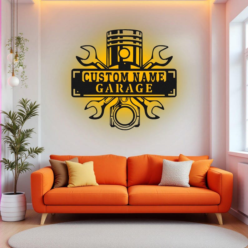 Custom Garage Name Metal Wall Art With LED Light, Personalized Workshop Name Sign Decoration For Room, Car Mechanic Repair Metal LED Decor