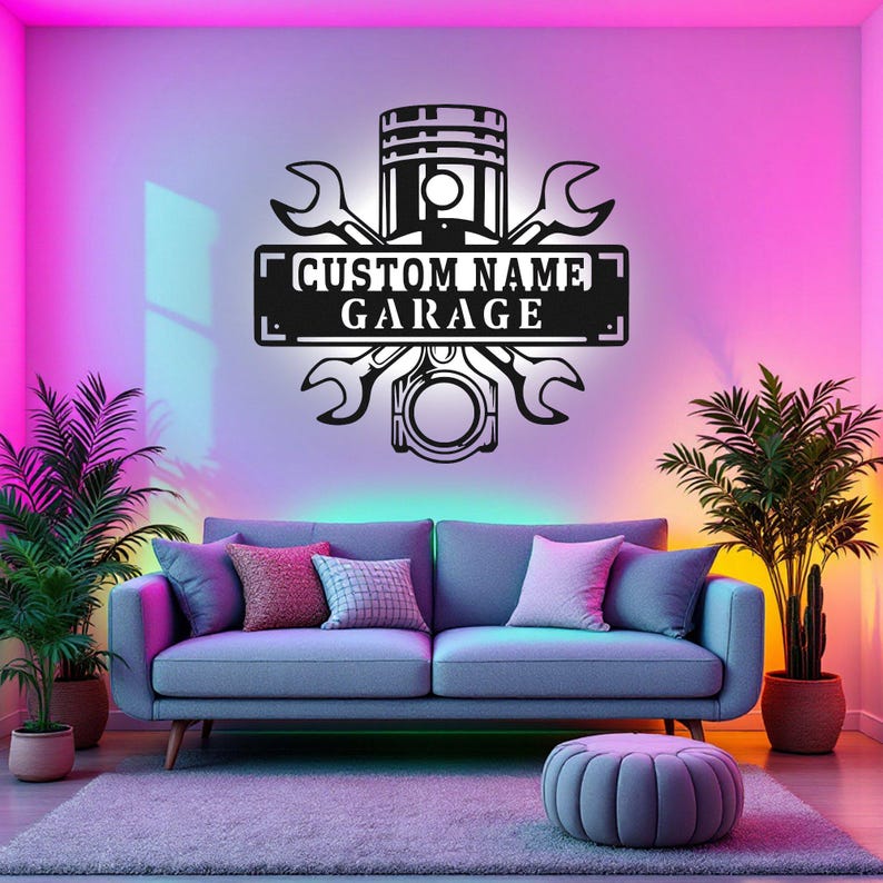 Custom Garage Name Metal Wall Art With LED Light, Personalized Workshop Name Sign Decoration For Room, Car Mechanic Repair Metal LED Decor
