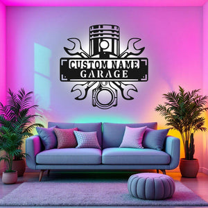 Custom Garage Name Metal Wall Art With LED Light, Personalized Workshop Name Sign Decoration For Room, Car Mechanic Repair Metal LED Decor