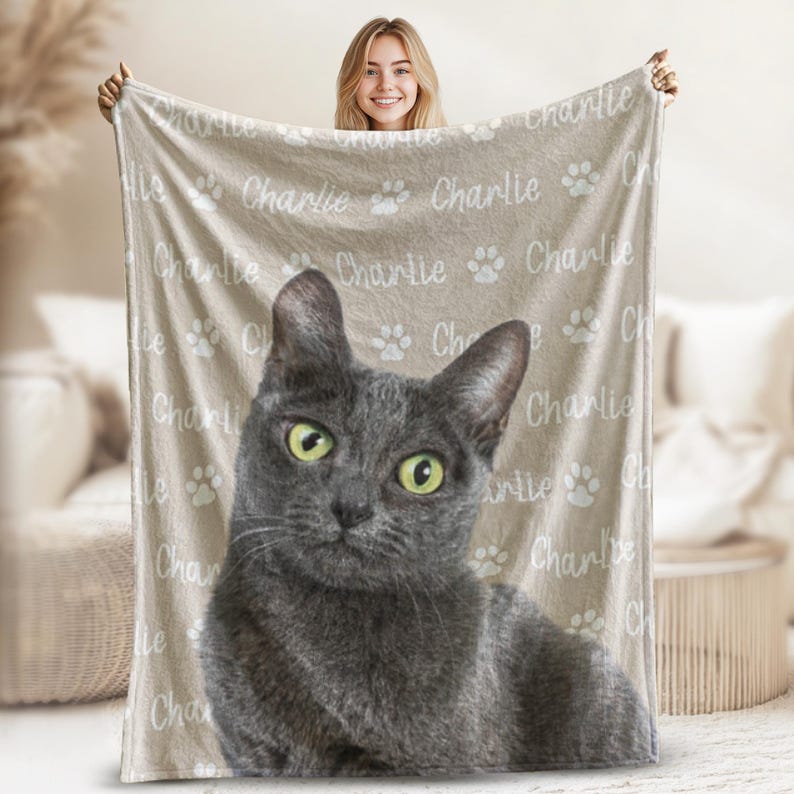Personalized Cat Face Blankets, Custom Cat Blanket, Personalized Pet Blankets using Photo Name, Cats Lover Gifts, Custom Pet Lover Gifts
