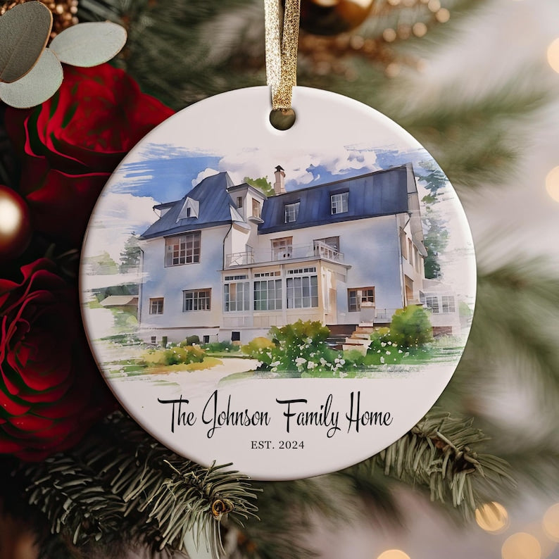 Custom Watercolor House Painting Ornament, Personalized New Home Christmas Ornament, Christmas Photo Gift, Watercolor Photo Ornament