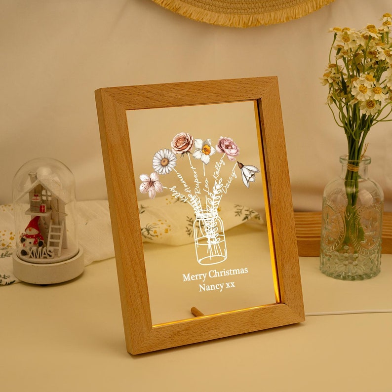Personalized Wooden Frame Night Light, Night Light with Family Birth Flower, Christams Gift for Nancy, Grandma Birthday Gift, Nightlight Mom