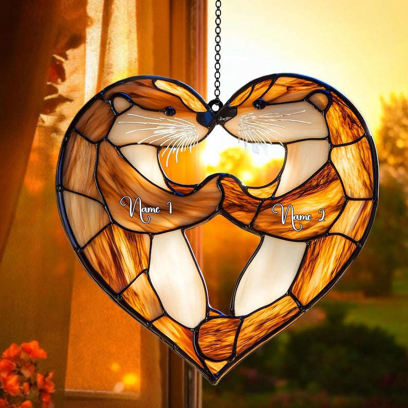 Personalized Otter Couple Acrylic Window Hanging, Faux Stained Glass Decor, Perfect Anniversary or Wedding Gift for Wife or Couple