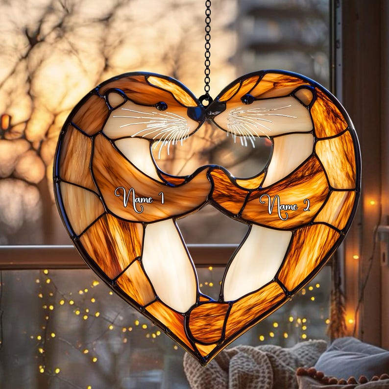 Personalized Otter Couple Acrylic Window Hanging, Faux Stained Glass Decor, Perfect Anniversary or Wedding Gift for Wife or Couple