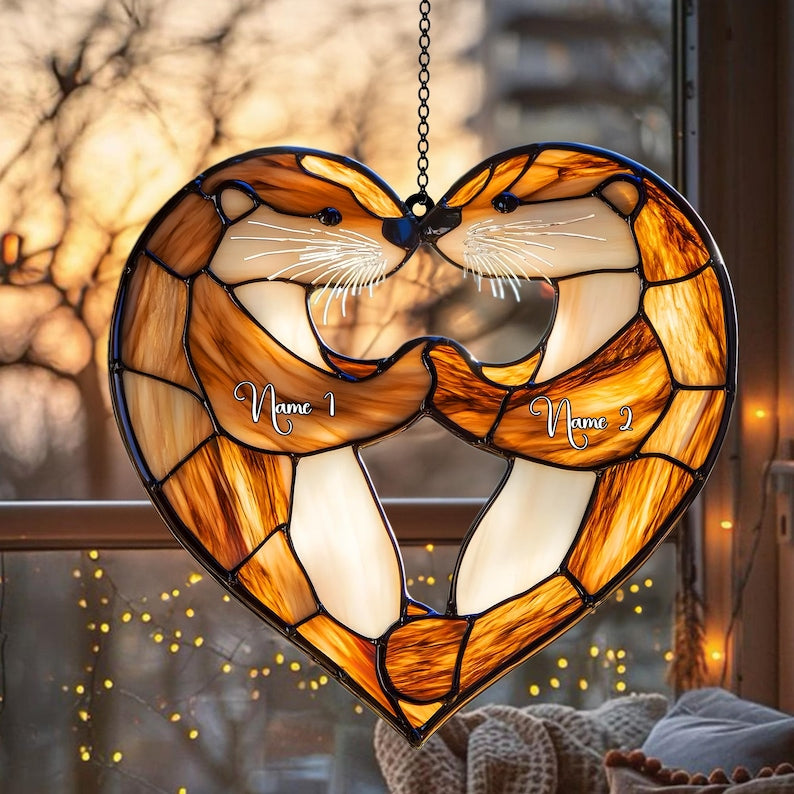 Personalized Otter Couple Acrylic Window Hanging, Faux Stained Glass Decor, Perfect Anniversary or Wedding Gift for Wife or Couple