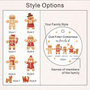 Gingerbread Family Christmas Ornament, Personalised Christmas Tree Bauble, Family First Christmas Keepsake with Pet, First Xmas as Family Of