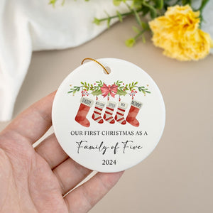Our First Christmas As A Four, Baby First Christmas Tree Ornament with Pet, First Christmas as a Family of 4, Ceramic Bauble Keepsake Gift