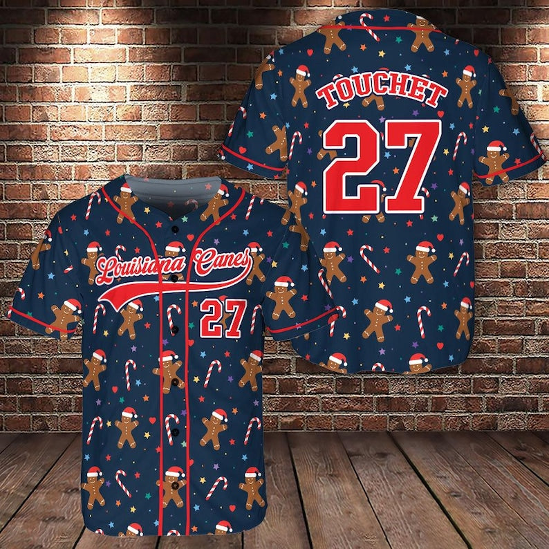 Personalized Christmas Gingerbread Pattern Baseball Jersey, Custom Name Number Christmas Jersey, Xmas Holiday Jersey,Christmas Baseball Team