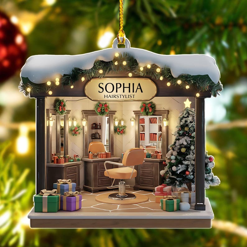 Personalized Hair Salon 2D Flat Printed Acrylic Ornament Not 3D, Hairdresser Gifts, Christmas Decor, Hair Stylist Christmas Ornament