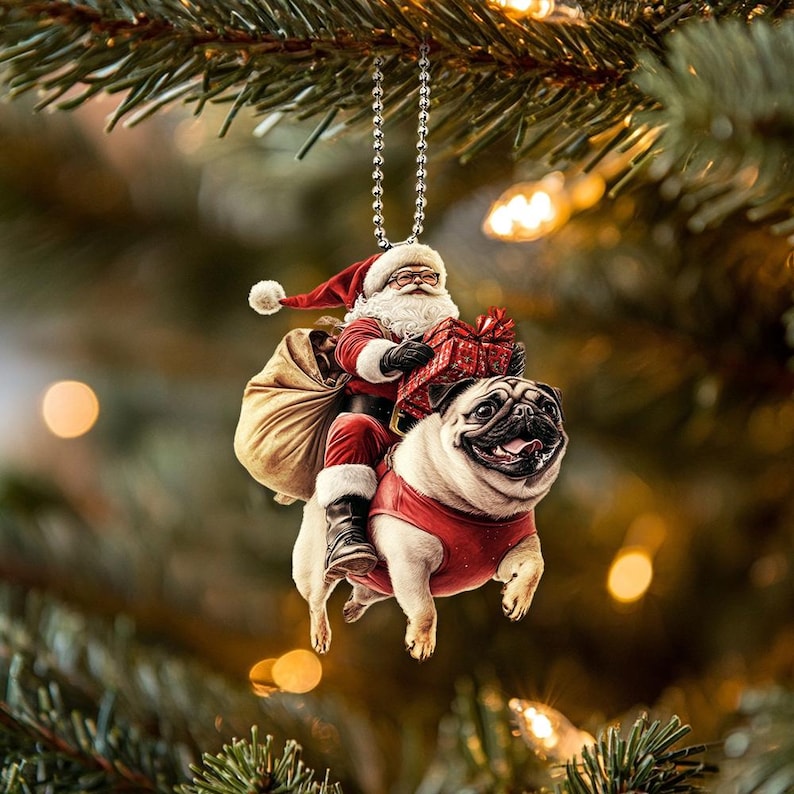 2D Flat Funny Pug Ornament, Pug Dog, Santa and Dog Ornament, Car Hanging Ornament, Christmas Gift, Dog Lover Gifts