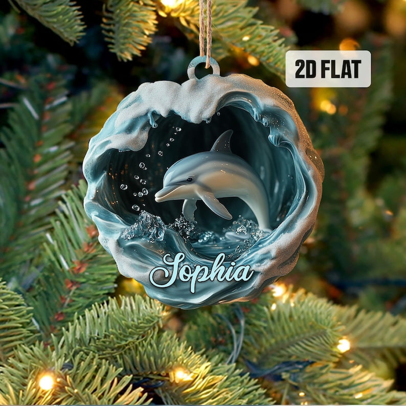 Personalized Dolphin 2D Flat Ornament, Custom Dolphin Christmas Tree Ornament, Ocean Christmas Home Decor, Sea Animal Ornament, Dolphin Gift