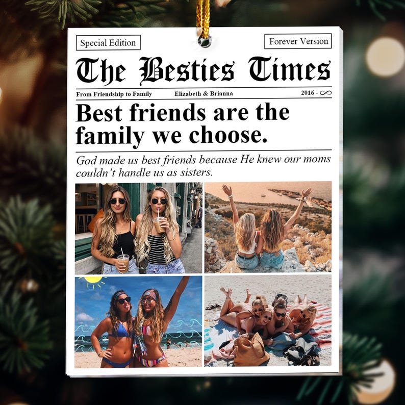 Friendship Gifts Newspaper, The BFF Times, Personalized Friends Besties Christmas Photo Ornament, Christmas Gift For BFF, Xmas Decoration