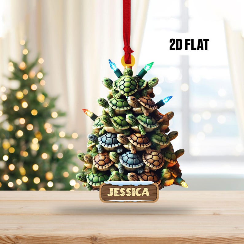 Personalized Turtle 2D Flat Ornament, Turtle Tree Rearview Mirror Car Accessories, Ocean Christmas Ornament, Holiday Gift for Ocean Lover