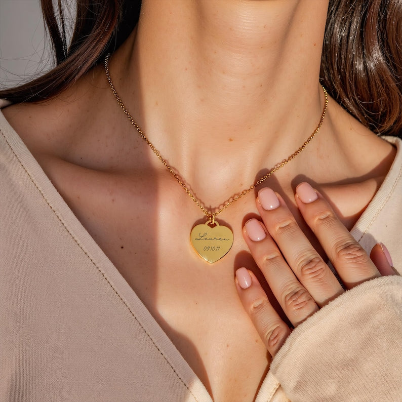 Personalized Gift, Engraved Heart Necklace, Custom Name Date Necklace, Any Text, Gift for Her, Birthday, Anniversary, Mom Gift for Grandma