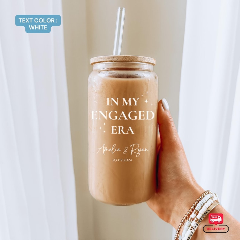 Personalized Engagement Gift Glass Tumbler, In My Wifey Era cup Gift for Bride, Glass Tumbler with straw and lid, Bridal shower in my Wife