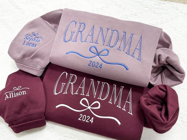 Personalized Grandma Sweatshirt, Embroidered Bow with Grandkids Names on Sleeve, Mothers Day Gift, Birthday Gift for Grandma, Christmas Gift