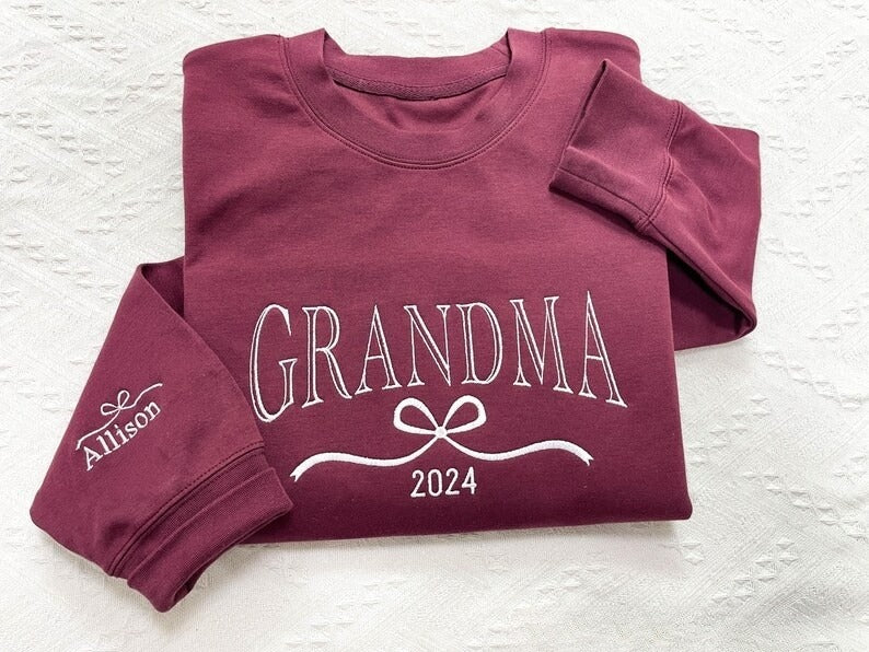 Personalized Grandma Sweatshirt, Embroidered Bow with Grandkids Names on Sleeve, Mothers Day Gift, Birthday Gift for Grandma, Christmas Gift