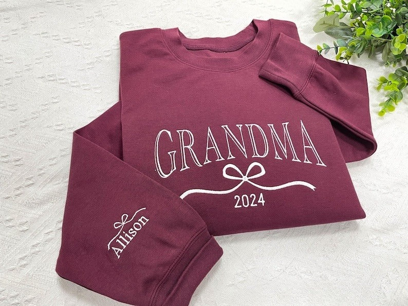 Personalized Grandma Sweatshirt, Embroidered Bow with Grandkids Names on Sleeve, Mothers Day Gift, Birthday Gift for Grandma, Christmas Gift