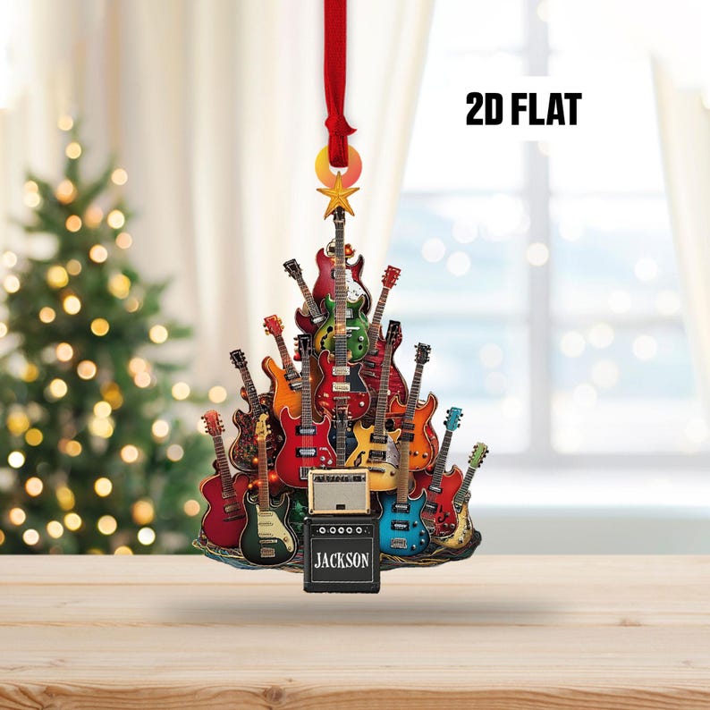 Personalized Electric Guitar 2D Flat Ornament, Guitar Christmas Ornament, Guitar Xmas Decor, Christmas Gift for Music Lovers, Guitar Players