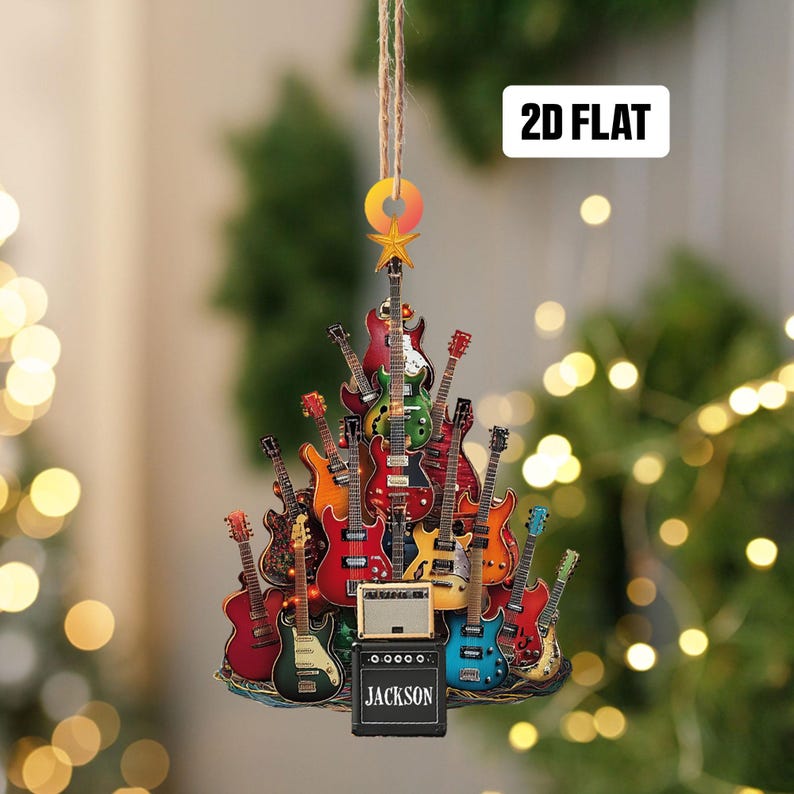 Personalized Electric Guitar 2D Flat Ornament, Guitar Christmas Ornament, Guitar Xmas Decor, Christmas Gift for Music Lovers, Guitar Players