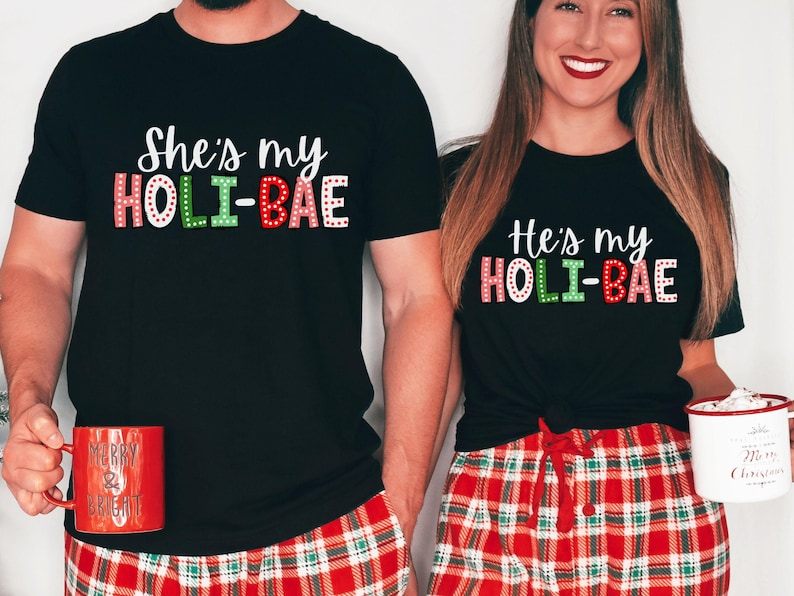 Cute Couples Matching Christmas Shirts, Bae His and Hers Tees Funny Holiday Couple Outfits Romantic Christmas Gift for Him Her Custom Tshirt