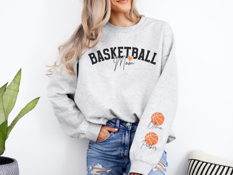 Mom Basketball Sweatshirt Custom Basketball Mama Sweatshirt Name on Sleeve Basketball Mom Sweatshirt Personalized Basketball Gift for Mom