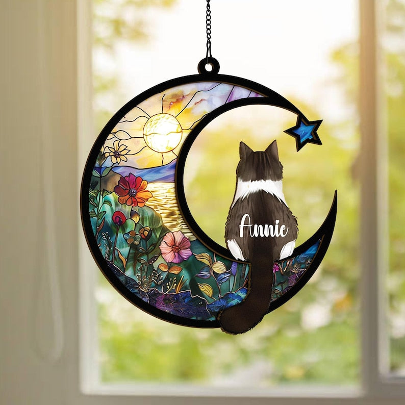 Custom Cat Memorial Suncatcher, Engraved Cat Lovers, Couple Cat On Moon Loss of Pet Sympathy Gift, Gift for Cat Lovers, Cat Memorial Gift