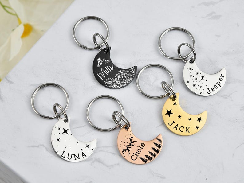 Personalized Moon Pet Tag: Custom Dog Cat ID Tag Personalized Pet Tag, Moon and Stars