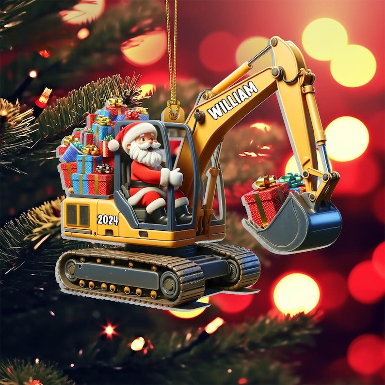 Personalized Excavator 2D Flat Printed Acrylic Ornament Not 3D, Santa on The Excavator, Xmas Gift for Boys, Christmas Gifts For Kids
