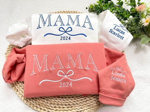 Personalized Mama Sweatshirt, Embroidered Kids Name with Bow on Sleeve, Mama Christmas Crewneck, Mom Christmas Gift, Mothers Day Gift