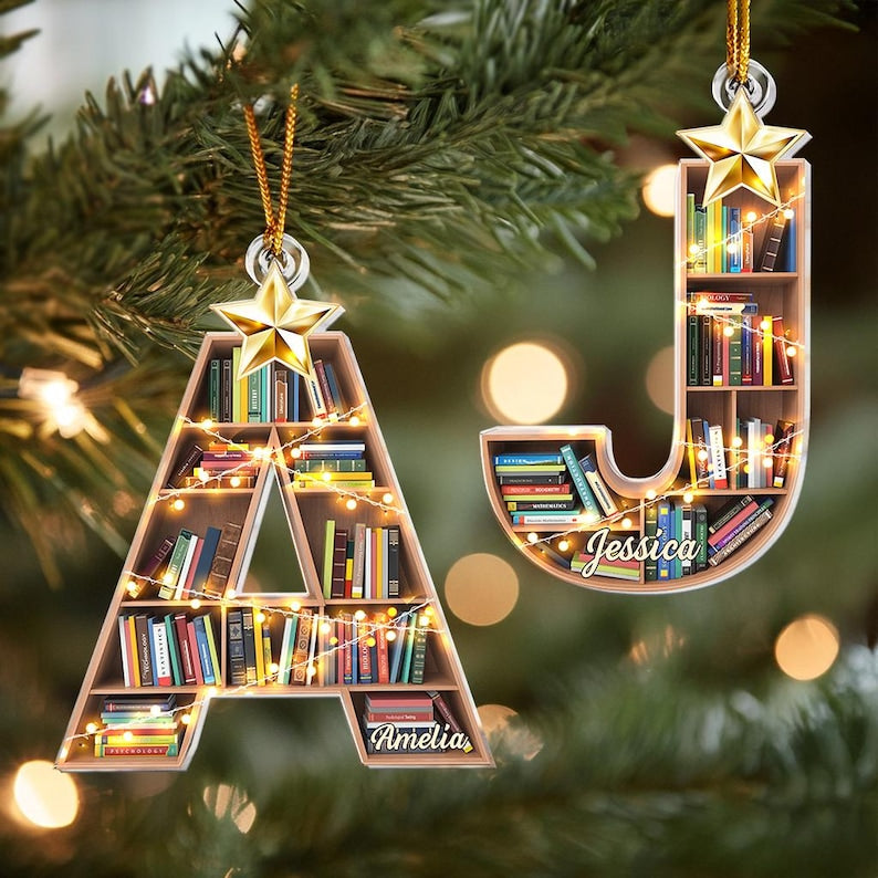 Christmas Booklovers Ornaments Custom Letter Name, Personalized Acrylic Ornament, Christmas Gift for Book Lover Librarian, Book Lover Gifts