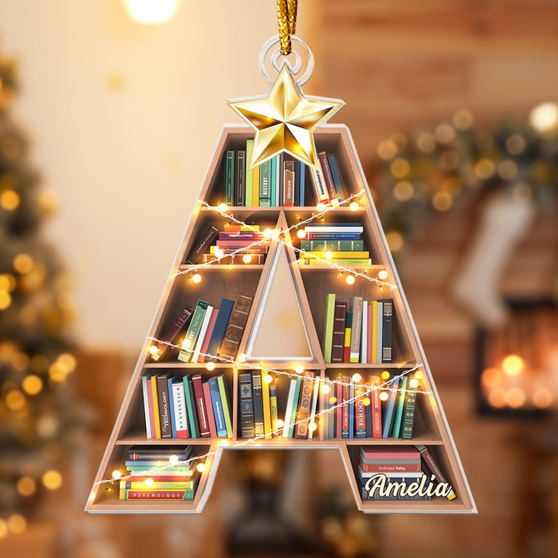 Christmas Booklovers Ornaments Custom Letter Name, Personalized Acrylic Ornament, Christmas Gift for Book Lover Librarian, Book Lover Gifts