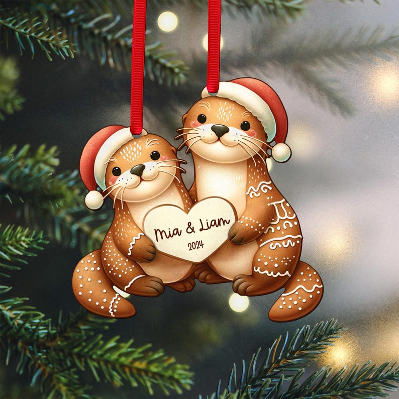Otters Couple Ornament Personalized - Christmas ornament for couples, Christmas Tree Decor, Wood Otters in Love, 2025 New Year, Otter Lovers