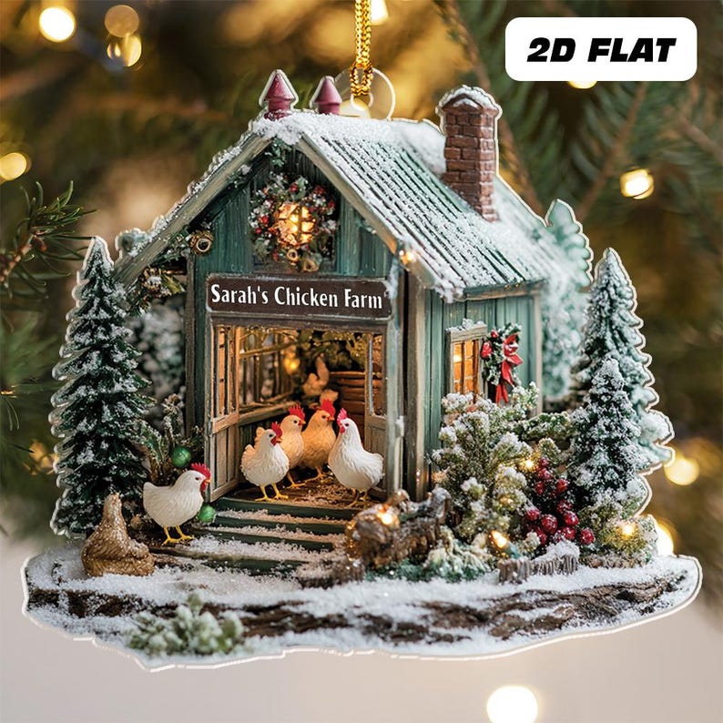 Personalized Chicken Farm Ornament, Chicken Ornament 2D Flat Not 3D, Farmhouse Christmas Ornament, Farm Decor, Gift For Farmer,Chicken Lover